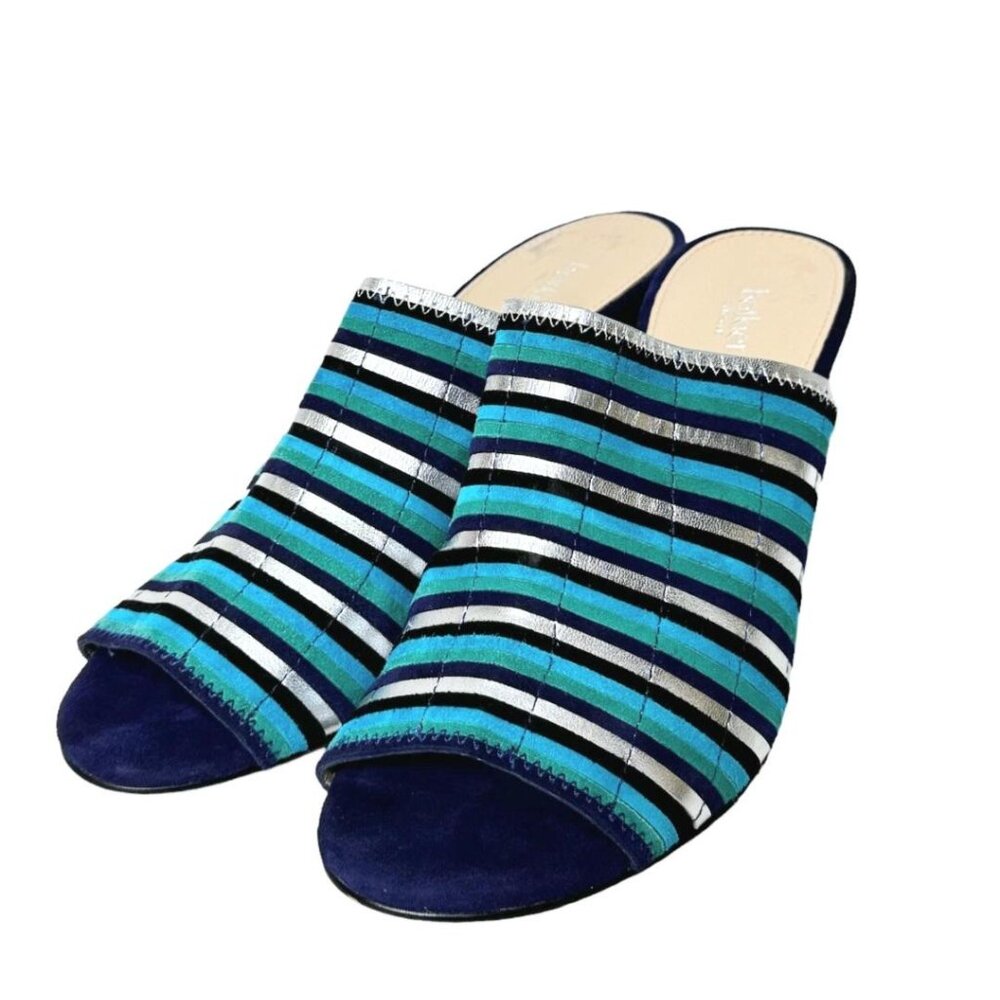 Botkier Strip Blue Black & White Mule Block Slip-On Stiletto Heels